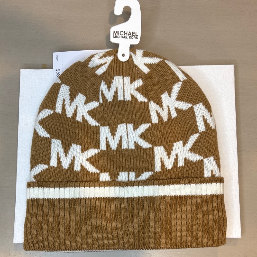 Michael Kors Camel and White Logo Beanie Fleece Lined Unisex New